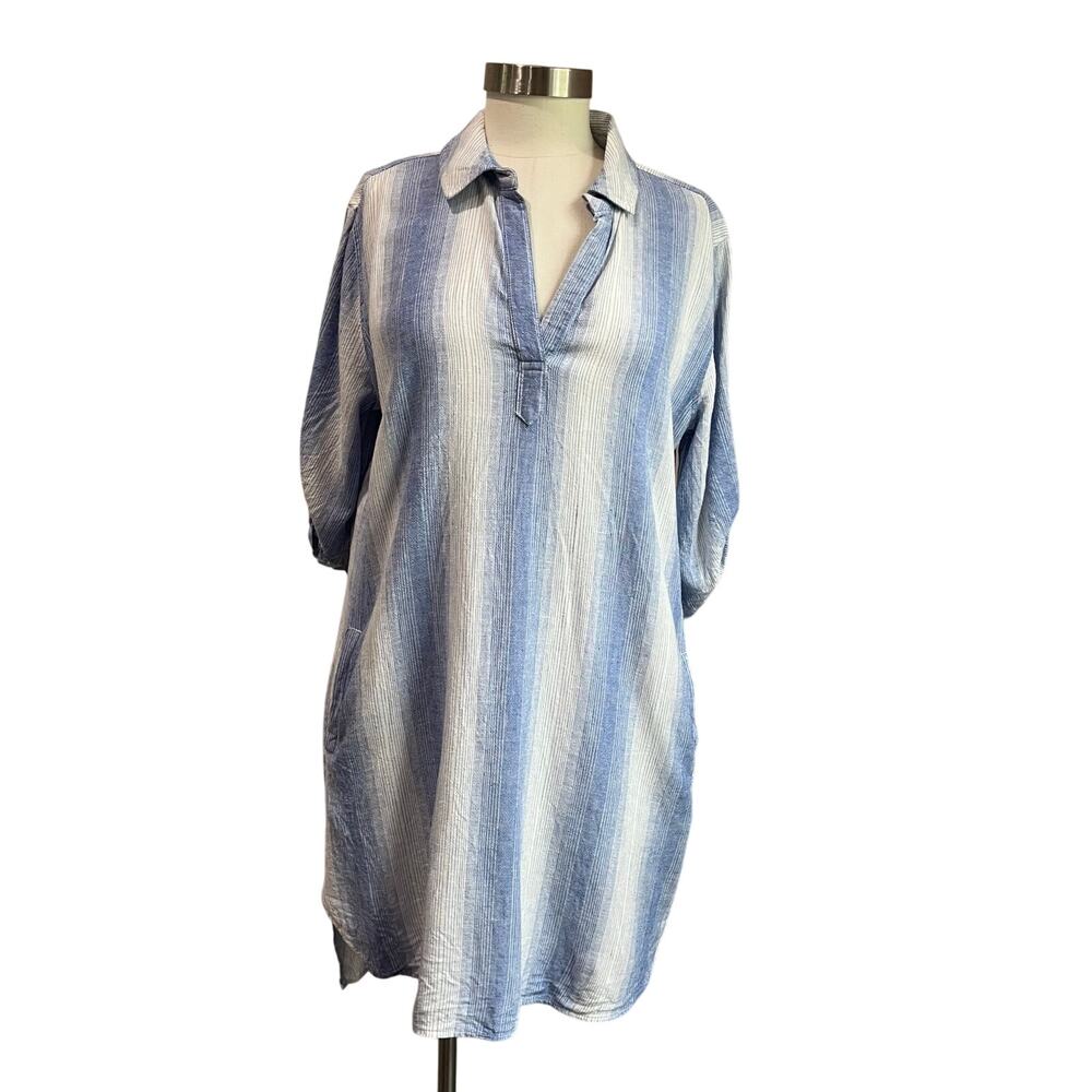Bella Dahl 3/4 Roll-Tab Sleeve Stripe Linen Blend Shift Resort Dress Sz L